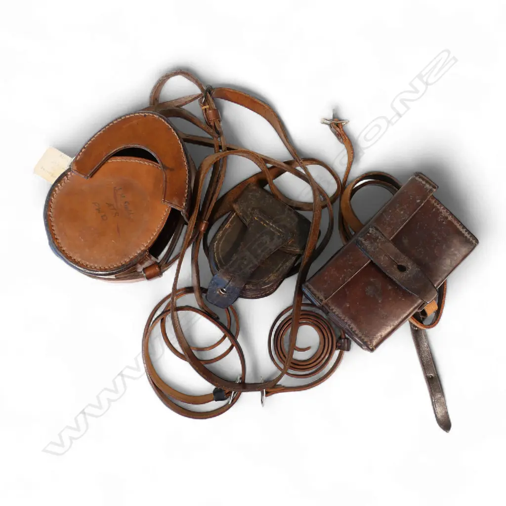 Three vintage leather instrument cases and three leather straps, Image 1++