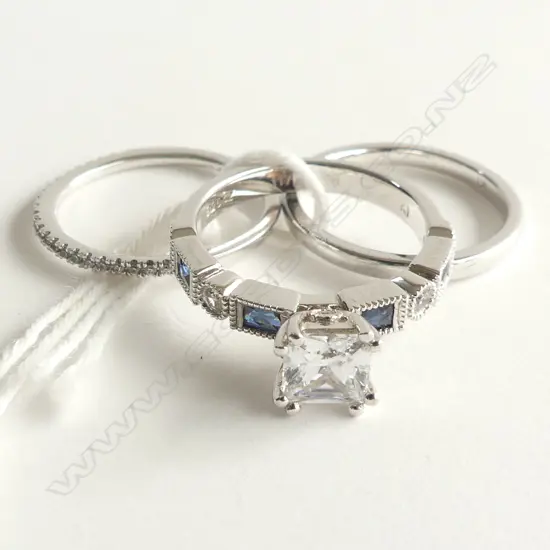 3 925 SILVER & CZ RINGS; 1 PLAIN WEDDER, 1 CZ WEDDER + SOLITAIRE W CZ/FAUX SAPPHIRE BAND