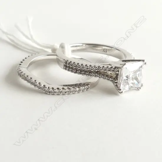 2 925 SILVER & CZ RINGS; CURVED CZ WEDDER + SEMI SPLIT CZ BAND WITH SOLITAIRE
