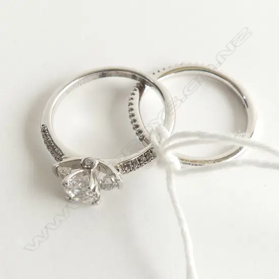 2 925 SILVER & CZ RINGS; CURVED CZ WEDDER + 3 STONE W SEMI CZ BAND