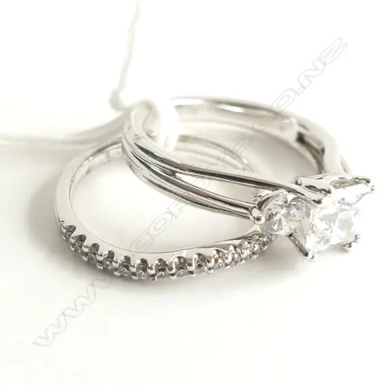 2 925 SILVER & CZ RINGS; CURVED CZ WEDDER + 3 STONE SPLIT BAND 