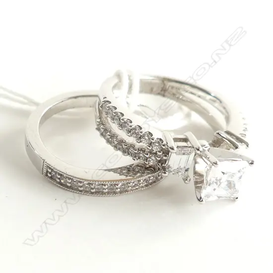 2 925 SILVER & CZ RINGS; CURVED CZ WEDDER + SPLIT BAND W SEMI MOUNTED SOLITAIRE CZ
