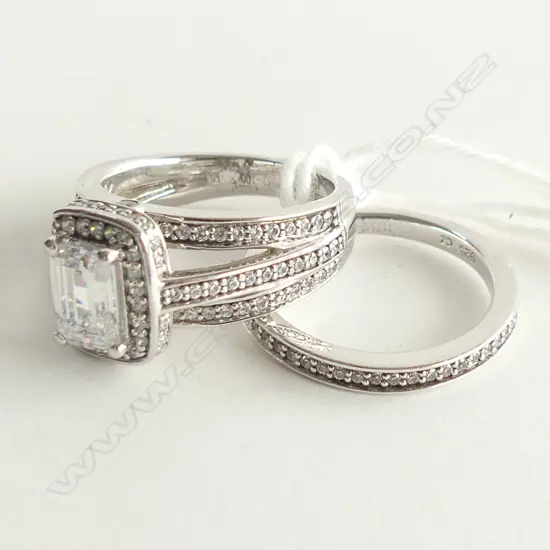 2 925 SILVER & CZ RINGS; CZ WEDDER + SPLIT CUT EMERALD CUT CZ