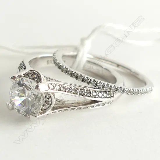 2 925 SILVER & CZ RINGS; CZ WEDDER + SPLIT CZ BAND W SOLITAIRE