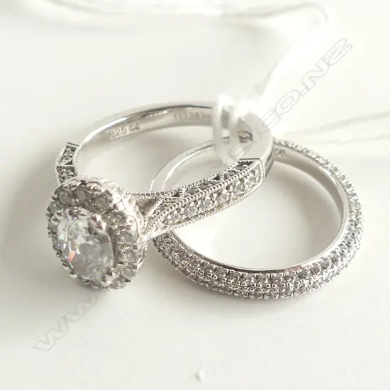 2 925 SILVER & CZ RINGS;  CZ WEDDER + CZ BAND W CZ SOLITAIRE
