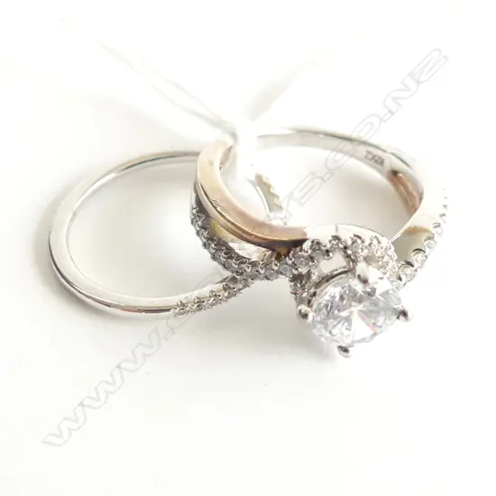 2 925 SILVER & CZ RINGS; CURVED CZ WEDDER + TWIST BAND WITH SOLITAIRE CZ