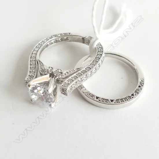 2 925 SILVER & CZ RINGS;  CZ WEDDER + CZ BAND W SOLITAIRE