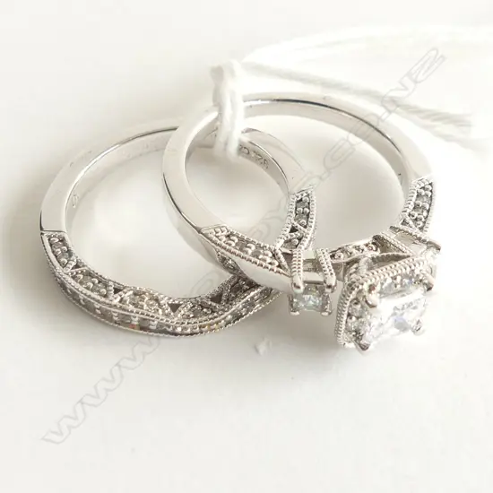 2 925 SILVER & CZ RINGS; CURVED CZ WEDDER + SEMI MOUNTED CZ W CZ BAND