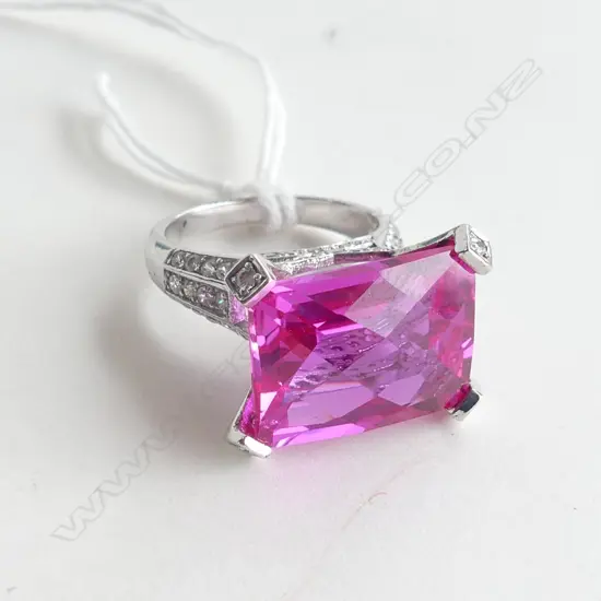 SILVER RING WITH LARGE PINK STONE AND CZs SIZE N