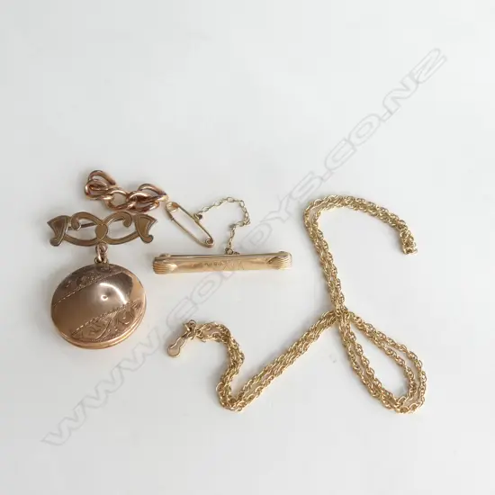9CT LOCKET BROOCH 9CT RODD BAR BROOCH + 9CT CURB LINKS + CHAIN