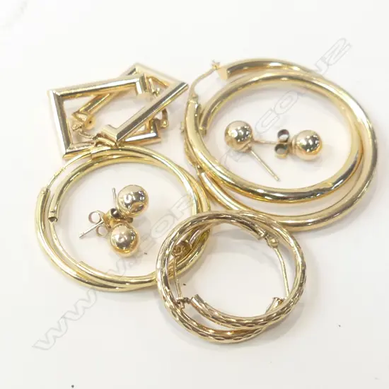 6 PRS 9CT GOLD EARRINGS INCL. 2 PRS STUDS, 3 ASST HOOPS + ONE OTHER 9.6GMS  (1 BUTTERFLY MISSING ON STUD)