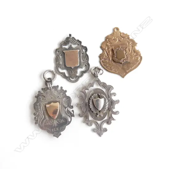 THREE SILVER FOB MEDALS & ONE 18CT GOLD PLATED MEDAL