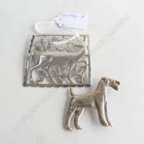 2 STYLISH STERLING BROOCHES: MODERNIST DEER +AIREDALE DOG BROOCH
