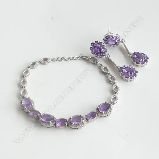 SILVER AND AMETHYST STYLE STONE BRACELET AND EARRINGS