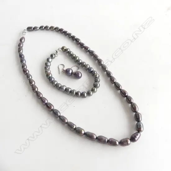 BLACK PEARL NECKLACE L.440mm, BRACELET & EARRINGS SET