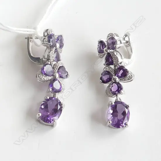 PAIR SILVER EARRINGS WITH AMETHYST STYLE STONES AND CZs 