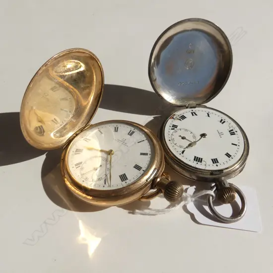 2 OMEGA POCKET WATCHES; GP HUNTER & 925 SILVER (AF) 