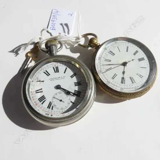 2 POCKET WATCHES; KEY WIND CHRONOGRAPH + NICKEL PLATE KEYLESS (some damage to face)