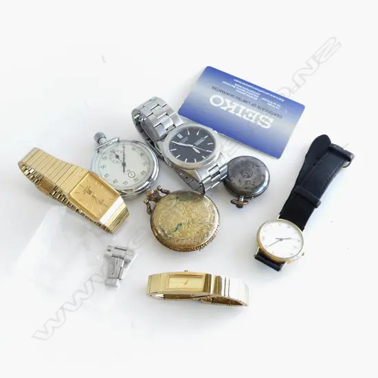 4 WATCHES (SEIKO, CITIZEN ETC) + 2 POCKET WATCHES & A STOPWATCH