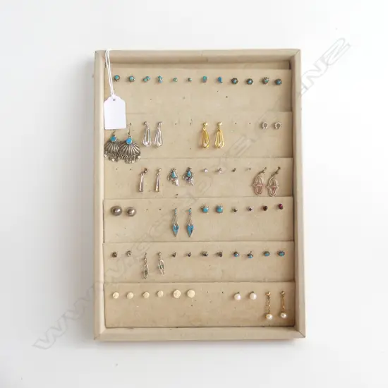 TRAY 31 PRS ASST. MOSTLY STUD EARRINGS; STG / TURQUOISE ETC