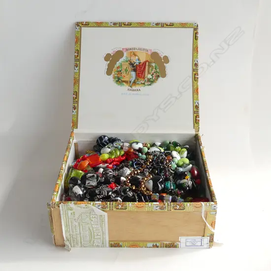 LG CIGAR BOX OF BEAD NECKLACES 