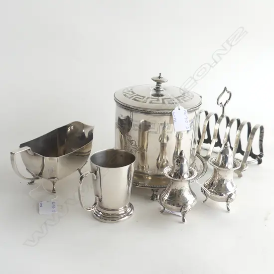 SILVER PLATE; S&P SHAKERS, 6 SLICE TOAST RACK, LIDDED ICE BUCKET, CHRISTENING MUG & MILK JUG