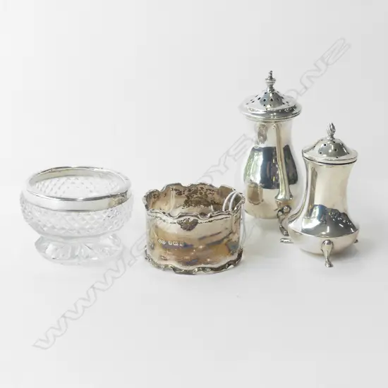 2 STG SILVER CONDIMENTS, NAPKIN RING 66 GRAMS + CRYSAL SALT w. STG TRIM