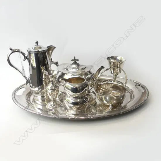 SILVER PLATE TRAY WITH ASSORTED SILVER PLATE ITEMS (teapot/hotwater pot/ etc)