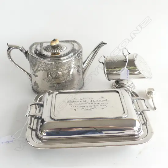 SILVER PLATE; SUGAR COAL SCUTTLE & SCOOP, ORNATE TEAPOT & ENGRAVED LIDDED SERVING DISH (MT EDEN PROV.)