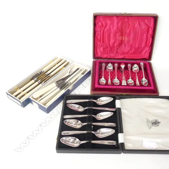 2 BOXES 6 FAUX BONE KNIVES + BOX 6 TEASPOONS + COFFEE SPOONS WITH SUGAR TONGS