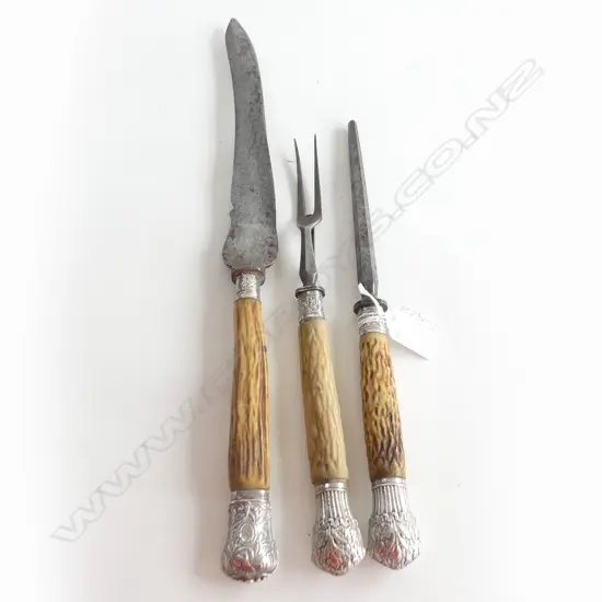 VICTORIAN 3 PC STAGS HORN & STG SILVER HANDLE CARVING SET, SHEFFIELD 1894, L. 410MM