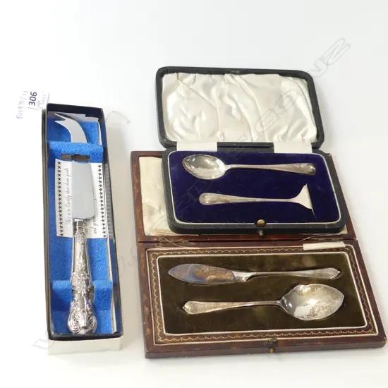 3 CASED STG CUTLERY SETS; CHEESE KNIFE, 2x SPOON & PUSHER, 
