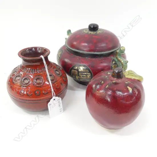 CHINESE LIDDED BOWL AND A POTTERY VASE AND A POTTERY APPLE