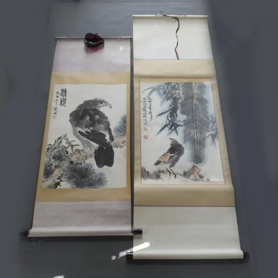 2 CHINESE HAND PAINTED SCROLLS; EAGLE 680x450mm & BABY BIRD