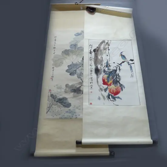 2 LGE CHINESE HAND PAINTED SCROLLS; DUCKS 1130x510mm (image size) + BIRD & LEAVES