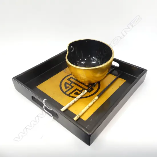 LACQUER TRAY, CHOPSTICKS AND BOWL