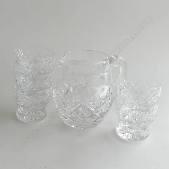 WEBB CORBETT CRYSTAL;  JUG (H. 145MM) & 5 SM TUMBLERS (H. 70MM)
