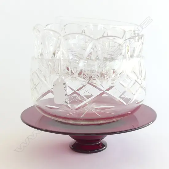 3 ASST CRYSTAL BOWLS, + RED GLASS FOOTED DISH (DIA 220MM)