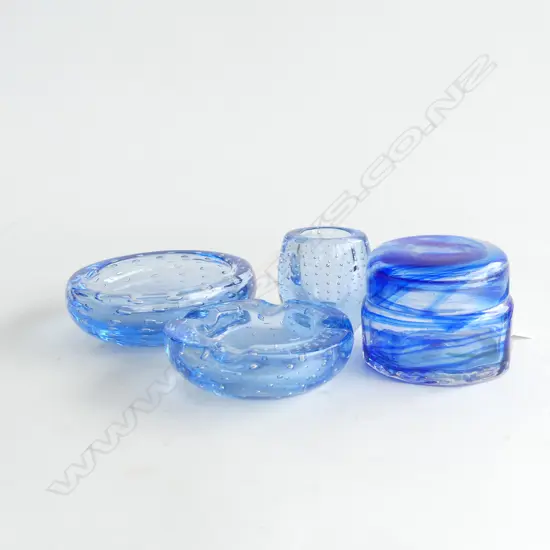 4 PCS BLUE GLASS; BOWL (DIA 130MM) ASHTRAY & VASE W CONTROLLED BUBBLES & SWIRLED BLUE GLASS LIDDED CONTAINER (DIA 80MM)