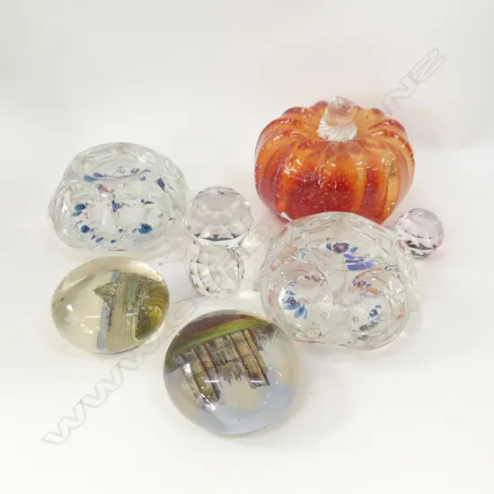 8 ASST GLASS PAPERWEIGHTS; APPLE, 2 DUMPS ETC..