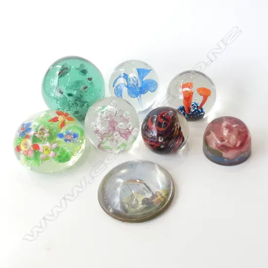 6 ASST GLASS PAPERWEIGHTS + 2 RESIN PW. (1 IN ORIGINAL BOX)