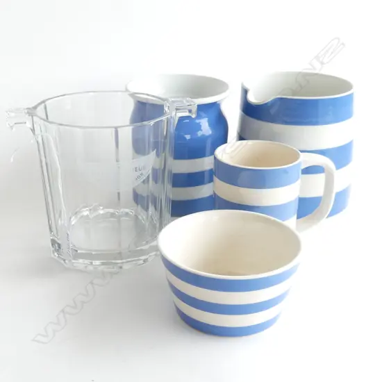 4 PCES T. G. GREEN CORNISHWARE; JUG, CONTAINER (NO LID), MUG & SUGAR BOWL + MOET & CHANDON ICE BUCKET H.130mm