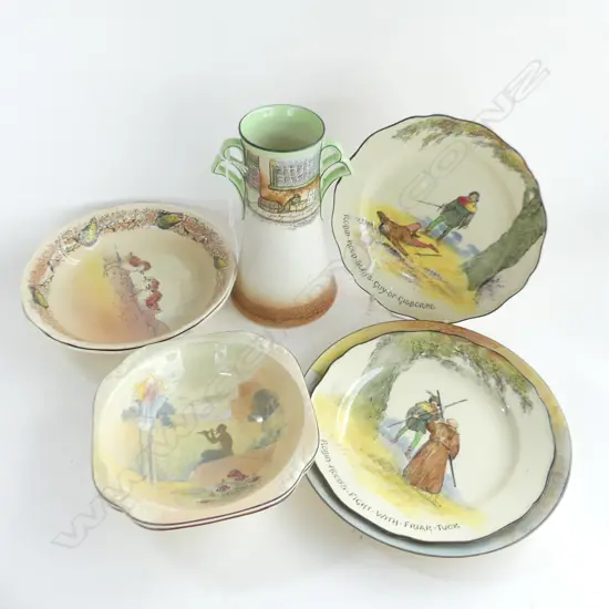 8 PCS ROYAL DOULTON INCL SERIES WARE; ROBIN HOOD, SAM WELLER, DICKENS WARE ETC. 4 BOWLS, 3 PLATES & 1 VASE