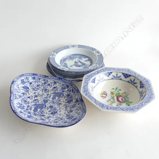 8 VINTAGE B/W PLATES; BURLEIGH WARE ASIATIC PHEASANTS ETC