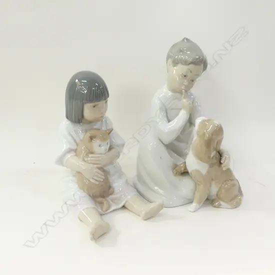 2 FIGURINES; LLADRO BOY & DOG, NAO GIRL & CAT H.190mm