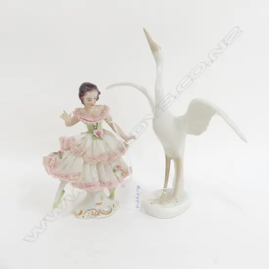 GERMAN DRESDEN PORCELAIN LACE BALLERINA H. 160MM & ROYAL DUX CRANE BIRD H. 190MM