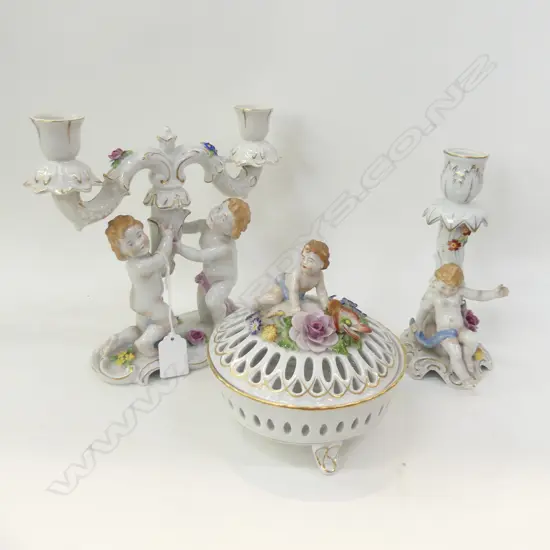 3 PCES GERMAN VON SCHIERHOLZ PORCELAIN; DOUBLE & SINGLE CANDLESTICKS, PIERCED LIDDED CONTAINER 145mm dia