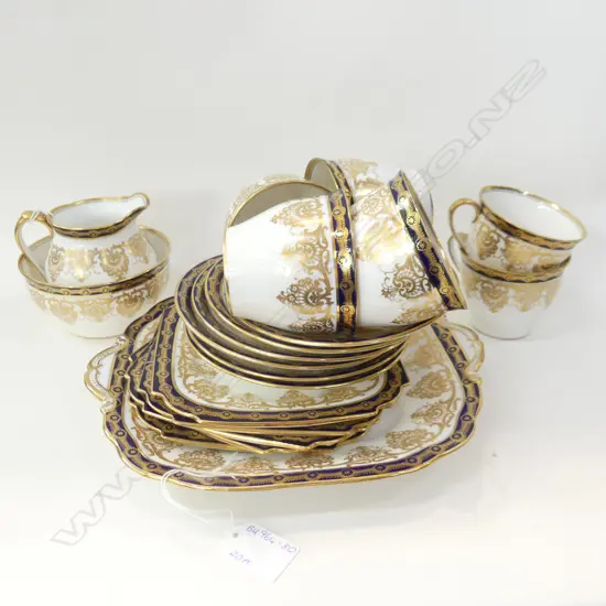 AYNSLEY 19 PC TEASET; GOLD & COBALT; CAKE PLATE, JUG & SUGAR BOWL, 4 TRIOS, 1 CUP