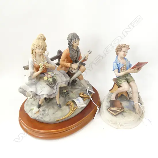 2 CAPODIMONTE; YOUNG COUPLE ON BENCH (LUTE REPAIRED) W.260mm + BOY READING