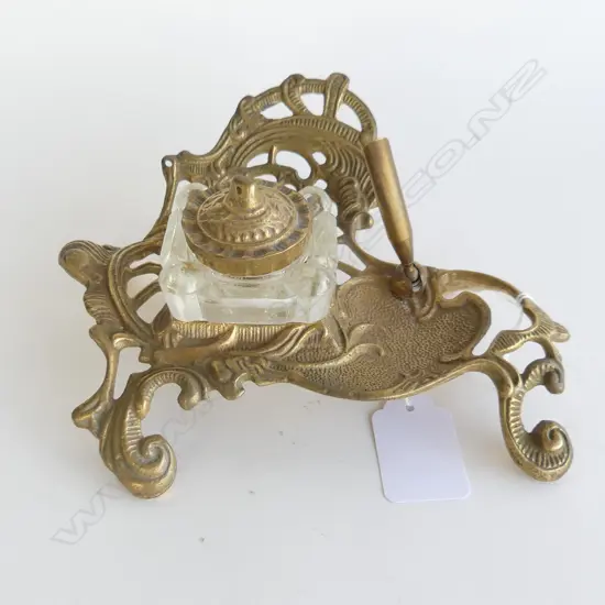 ORNATE BRASS INKWELL W.200mm